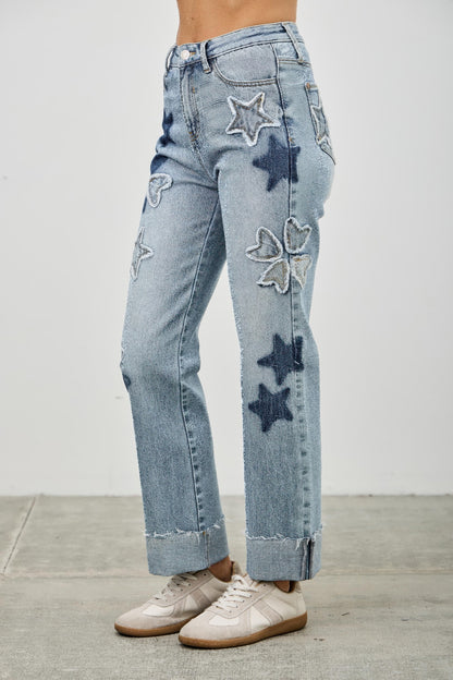 High Rise Star & Heart Patched Dad Jean W/stretch - All Season Fashion