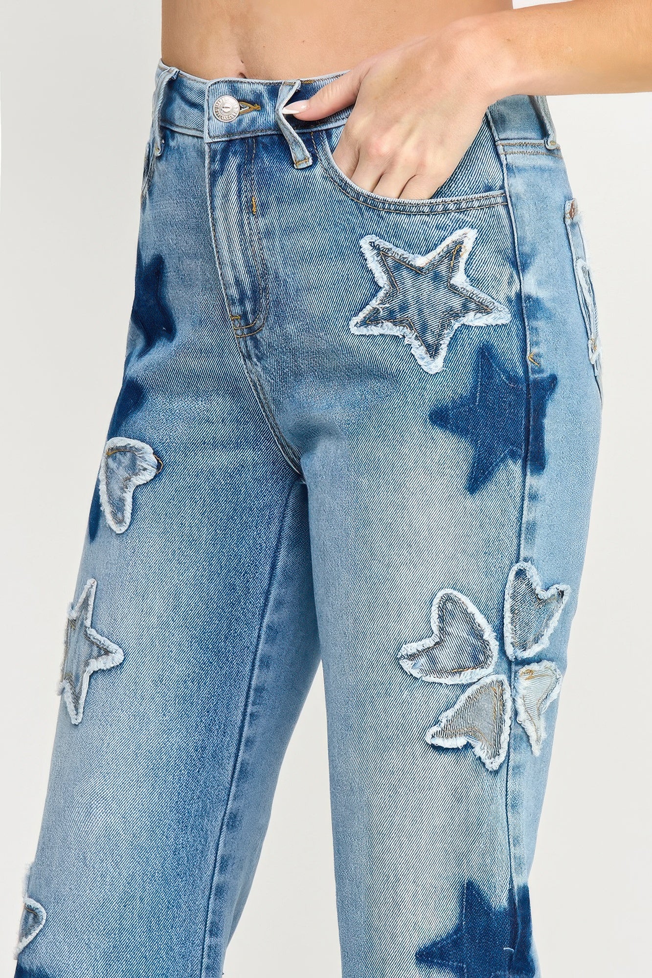 High Rise Star & Heart Patched Dad Jean W/stretch - All Season Fashion