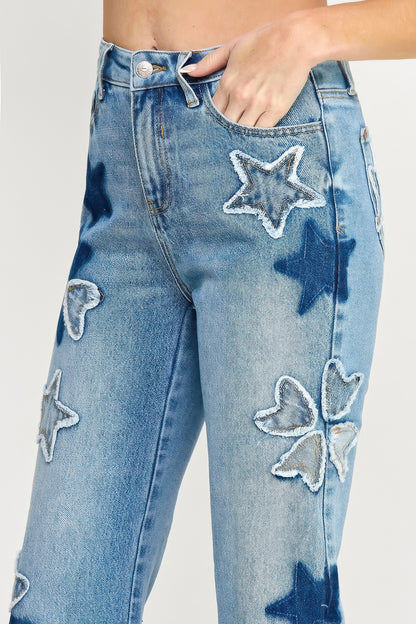 High Rise Star & Heart Patched Dad Jean W/stretch - All Season Fashion