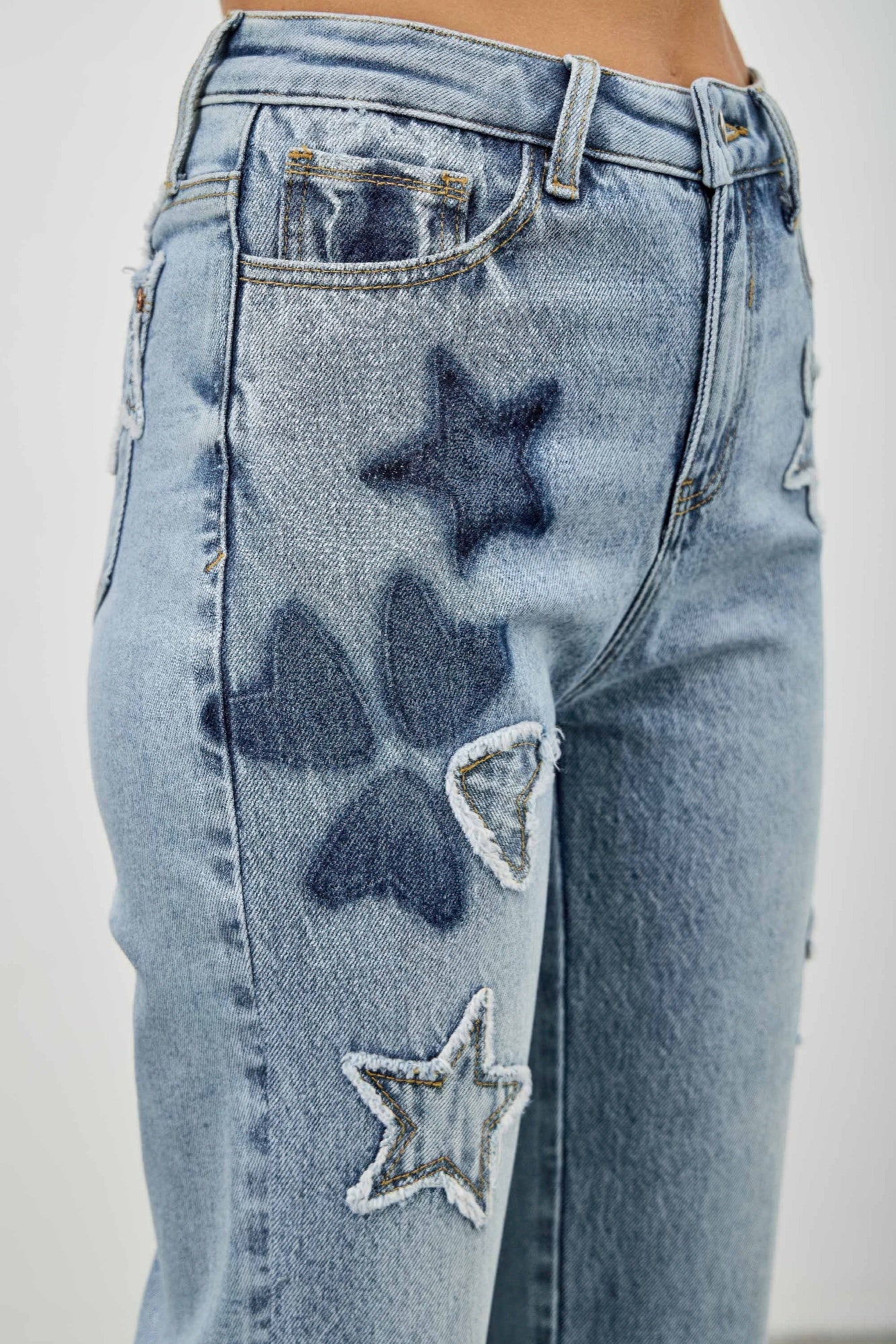 High Rise Star & Heart Patched Dad Jean W/stretch - All Season Fashion
