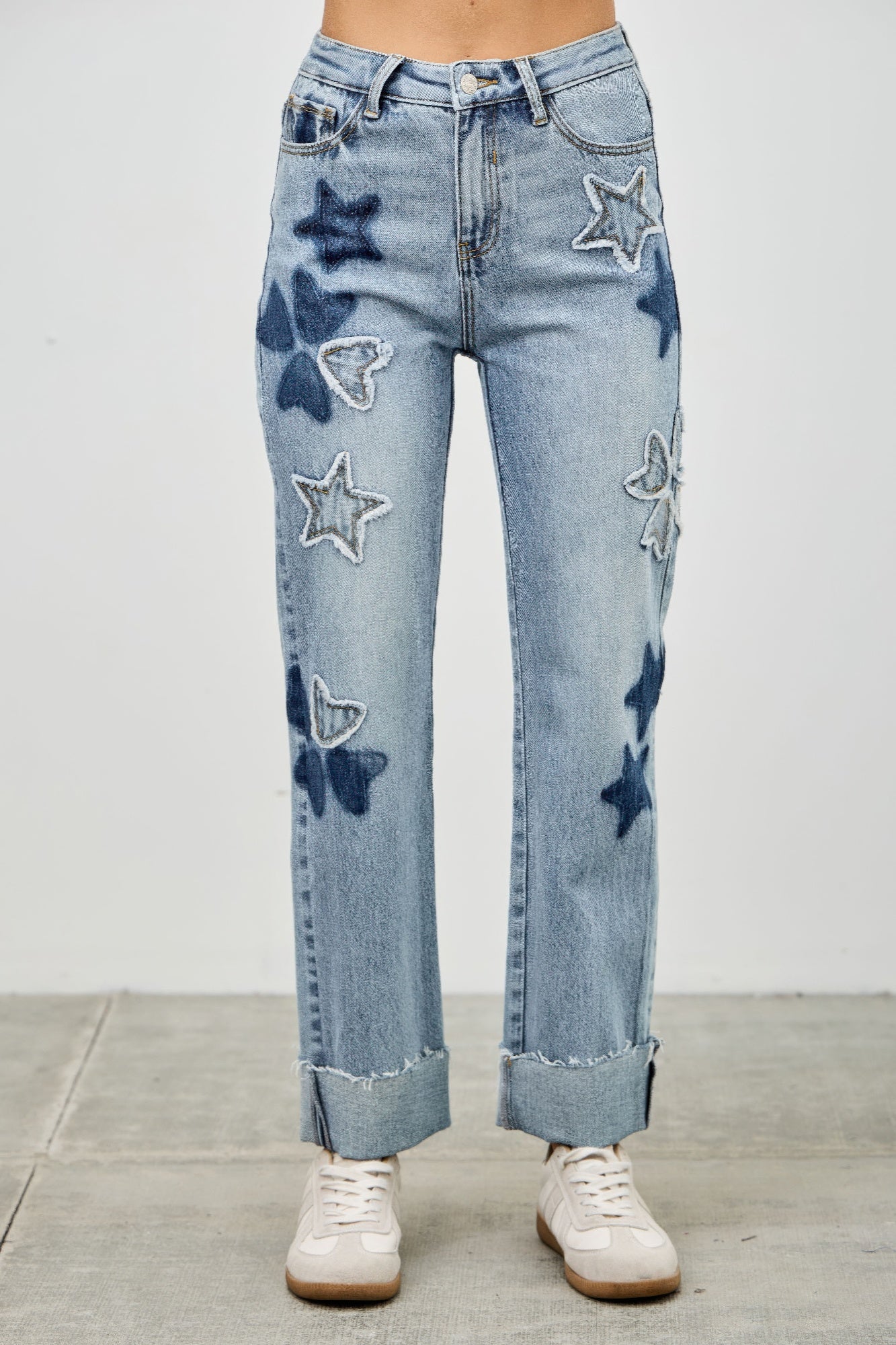 High Rise Star & Heart Patched Dad Jean W/stretch - All Season Fashion
