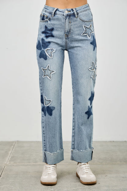 High Rise Star & Heart Patched Dad Jean W/stretch - All Season Fashion