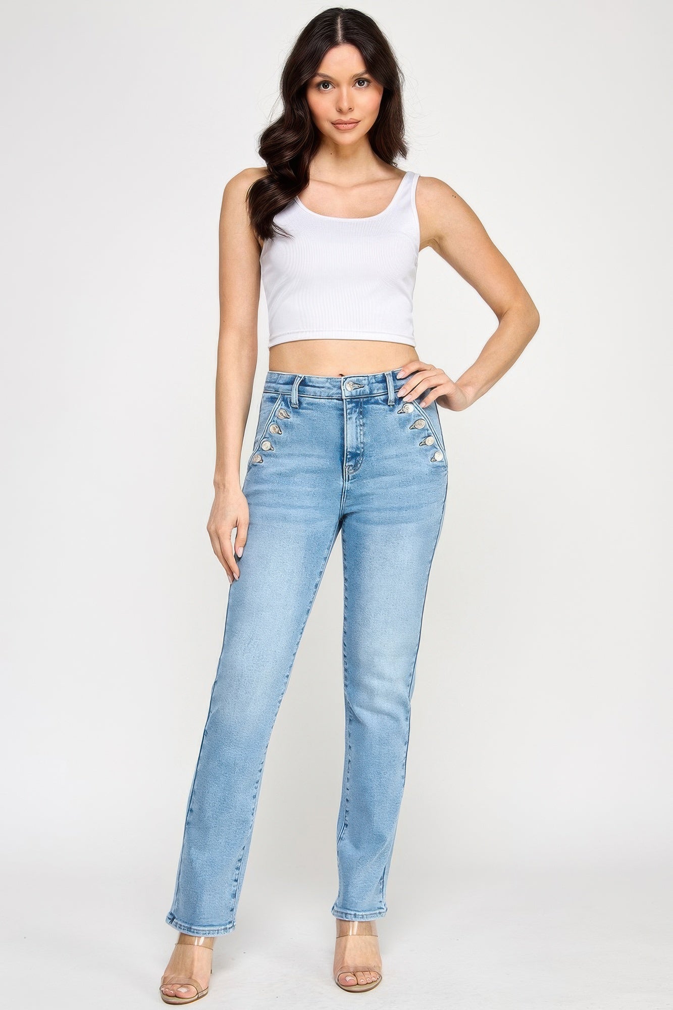 High Rise Straight With Button Pocket - All Season Fashion
