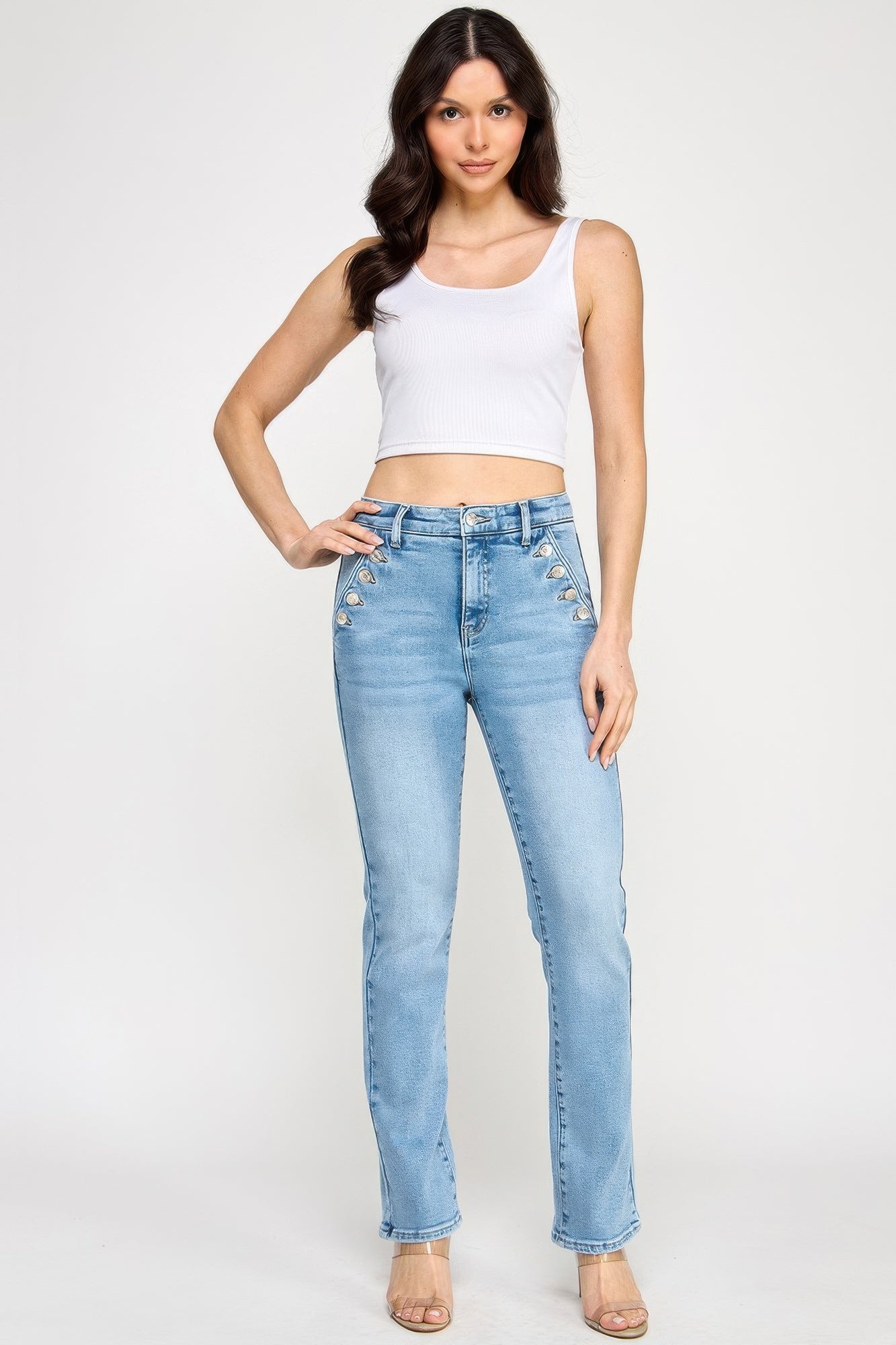High Rise Straight With Button Pocket - All Season Fashion