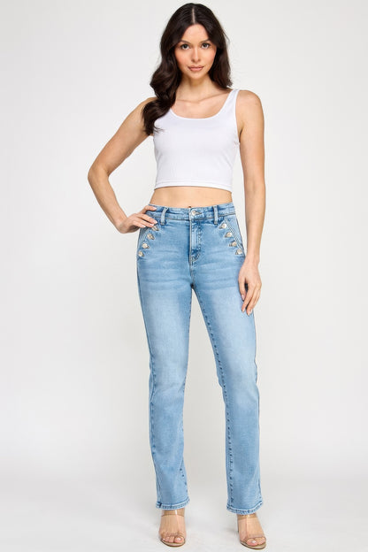 High Rise Straight With Button Pocket - All Season Fashion