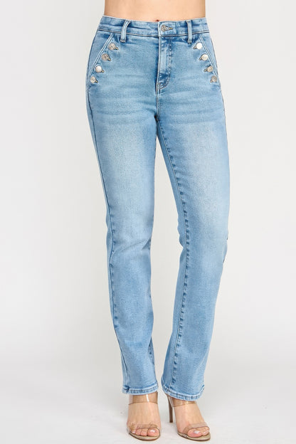 High Rise Straight With Button Pocket - All Season Fashion