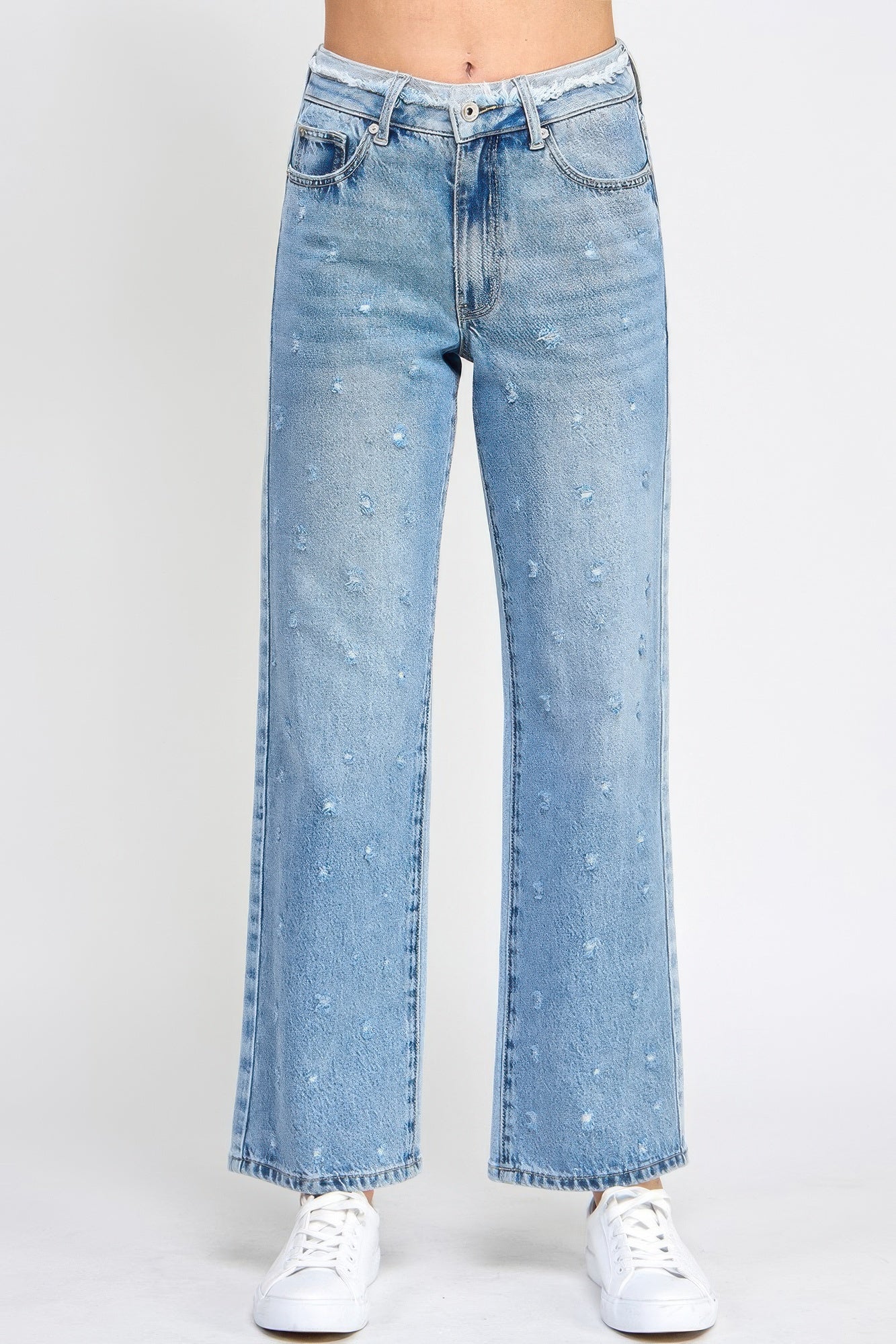High Rise Dad Jeans W/ Fringe Waistband Detail - All Season Fashion