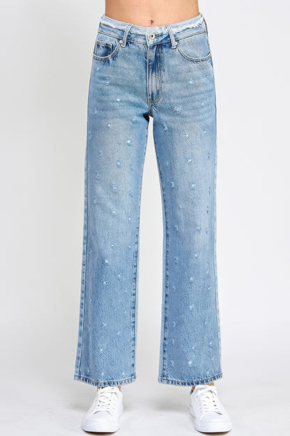 High Rise Dad Jeans W/ Fringe Waistband Detail - All Season Fashion