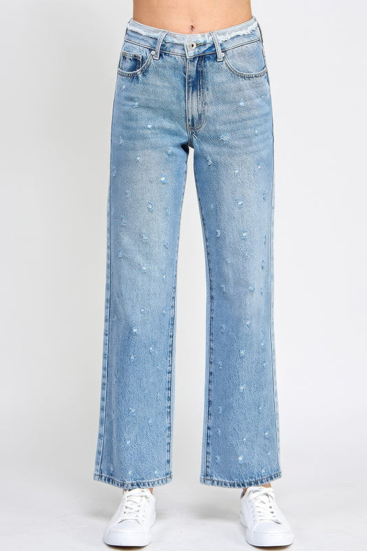 High Rise Dad Jeans W/ Fringe Waistband Detail - All Season Fashion
