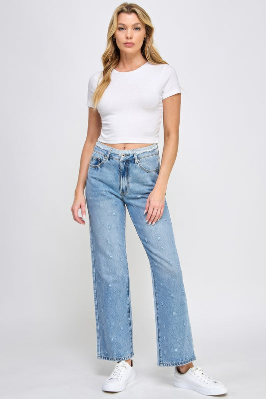 High Rise Dad Jeans W/ Fringe Waistband Detail - All Season Fashion