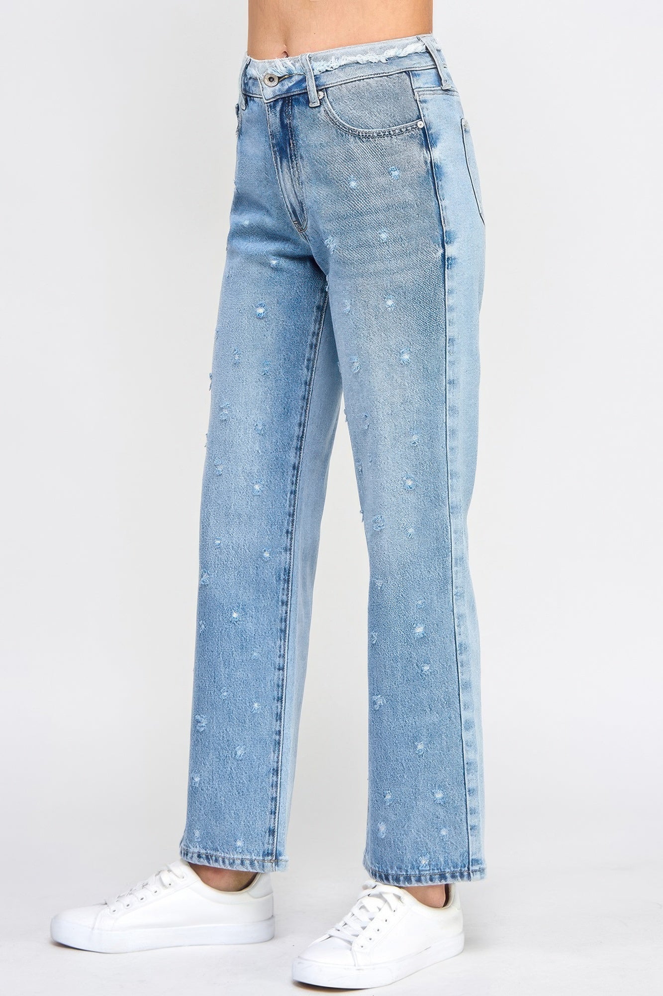 High Rise Dad Jeans W/ Fringe Waistband Detail - All Season Fashion