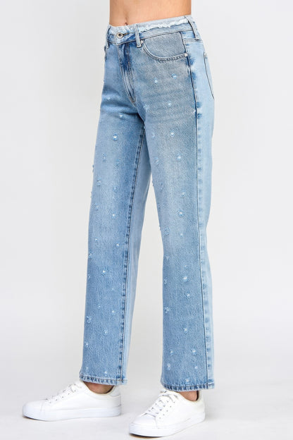 High Rise Dad Jeans W/ Fringe Waistband Detail - All Season Fashion