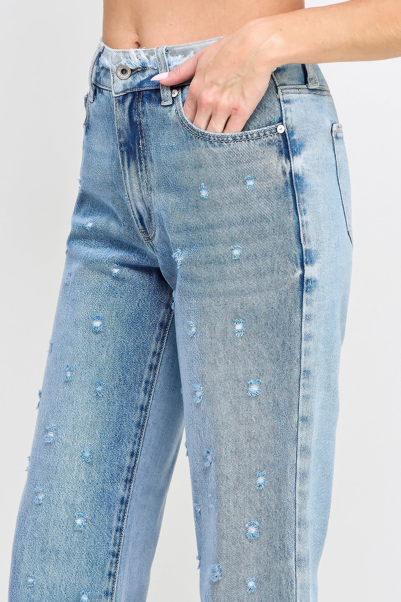 High Rise Dad Jeans W/ Fringe Waistband Detail - All Season Fashion