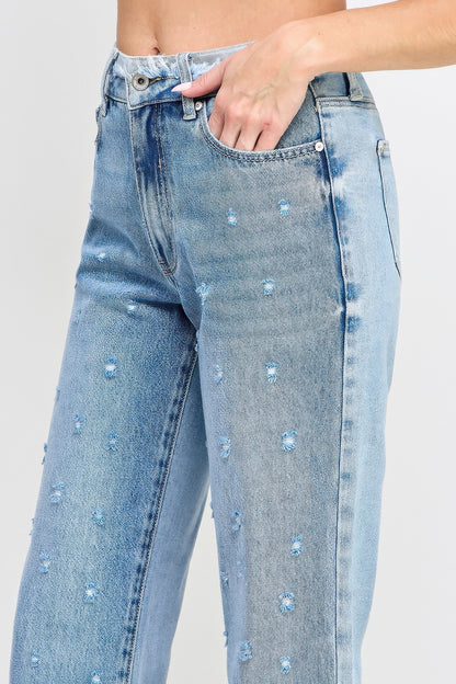 High Rise Dad Jeans W/ Fringe Waistband Detail - All Season Fashion