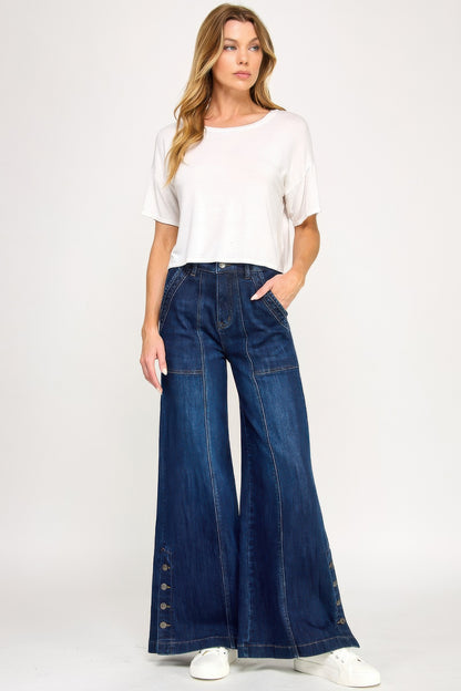 High Rise Wide Leg With Button Slit - All Season Fashion