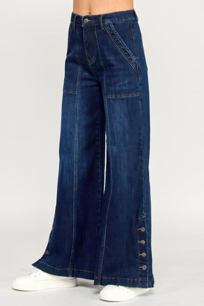 High Rise Wide Leg With Button Slit - All Season Fashion