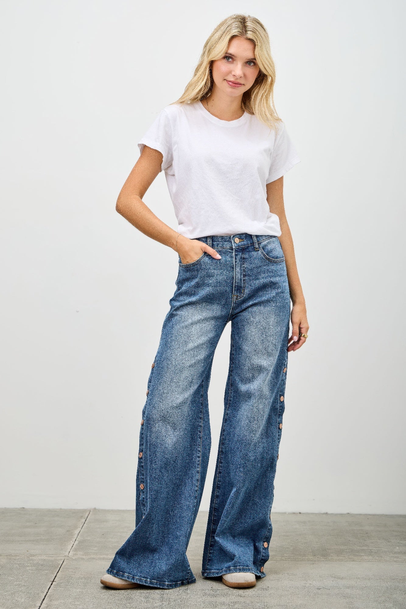 High Rise Wide Leg With Snap Buttons - All Season Fashion