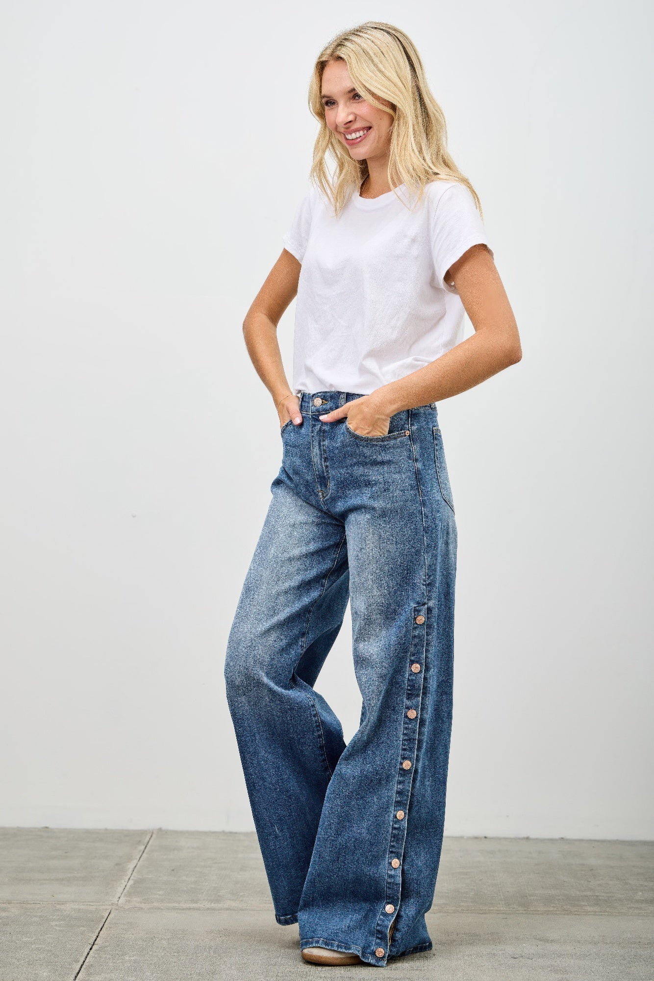 High Rise Wide Leg With Snap Buttons - All Season Fashion