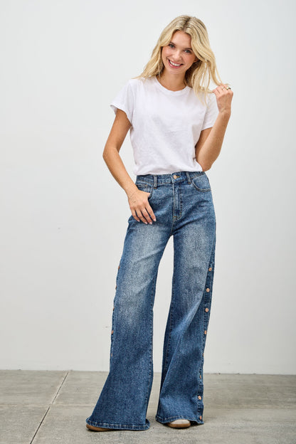 High Rise Wide Leg With Snap Buttons - All Season Fashion