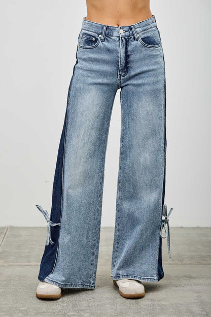 High Rise Contrast Wide Leg With Ribbon Tie - All Season Fashion