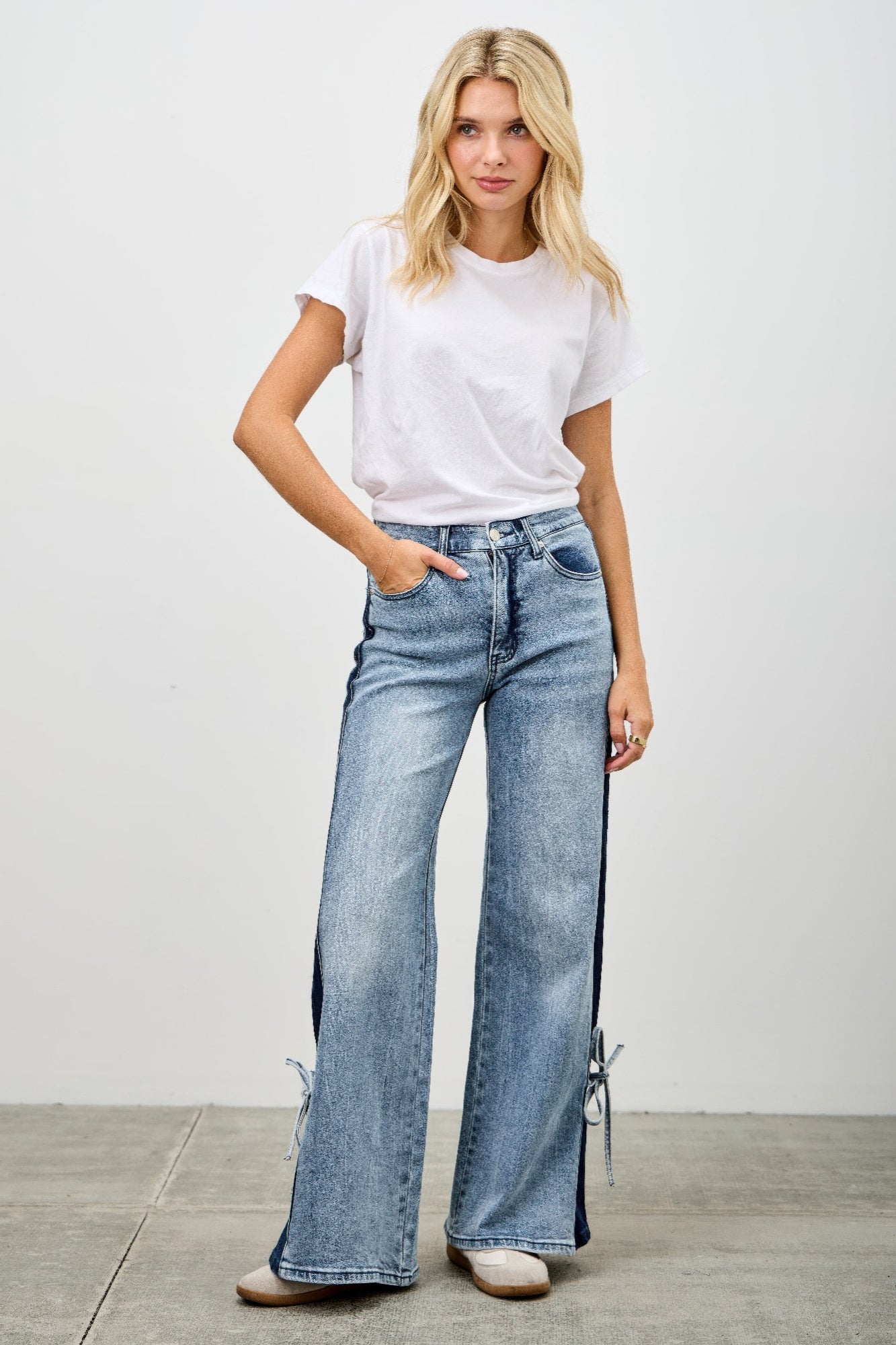 High Rise Contrast Wide Leg With Ribbon Tie - All Season Fashion