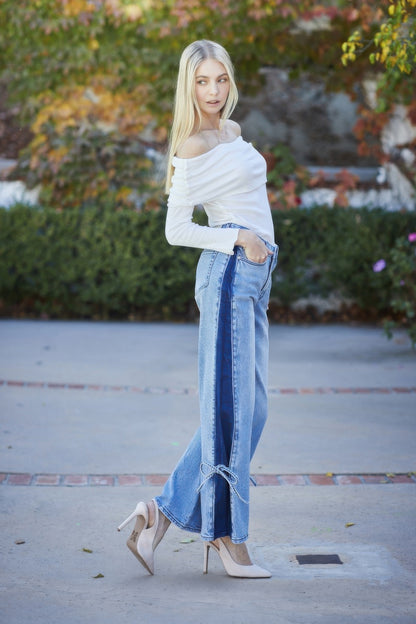 High Rise Contrast Wide Leg With Ribbon Tie - All Season Fashion