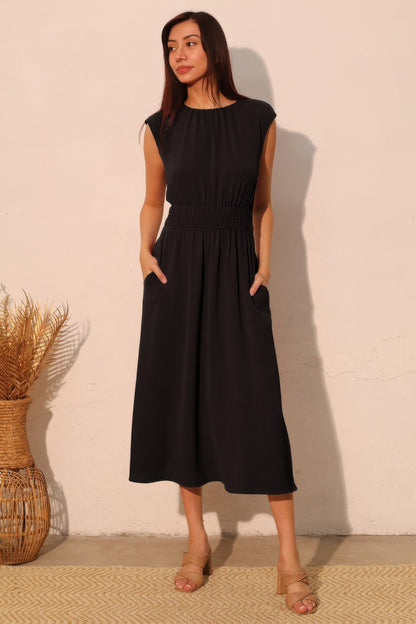 Matte Crepe Ruched Elastic Midi Dress - All Season Fashion