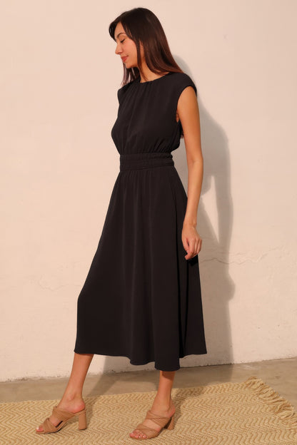 Matte Crepe Ruched Elastic Midi Dress - All Season Fashion