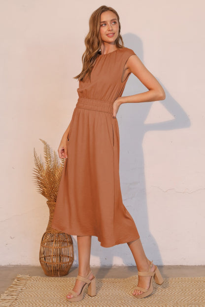 Matte Crepe Ruched Elastic Midi Dress - All Season Fashion