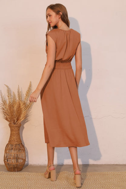 Matte Crepe Ruched Elastic Midi Dress - All Season Fashion