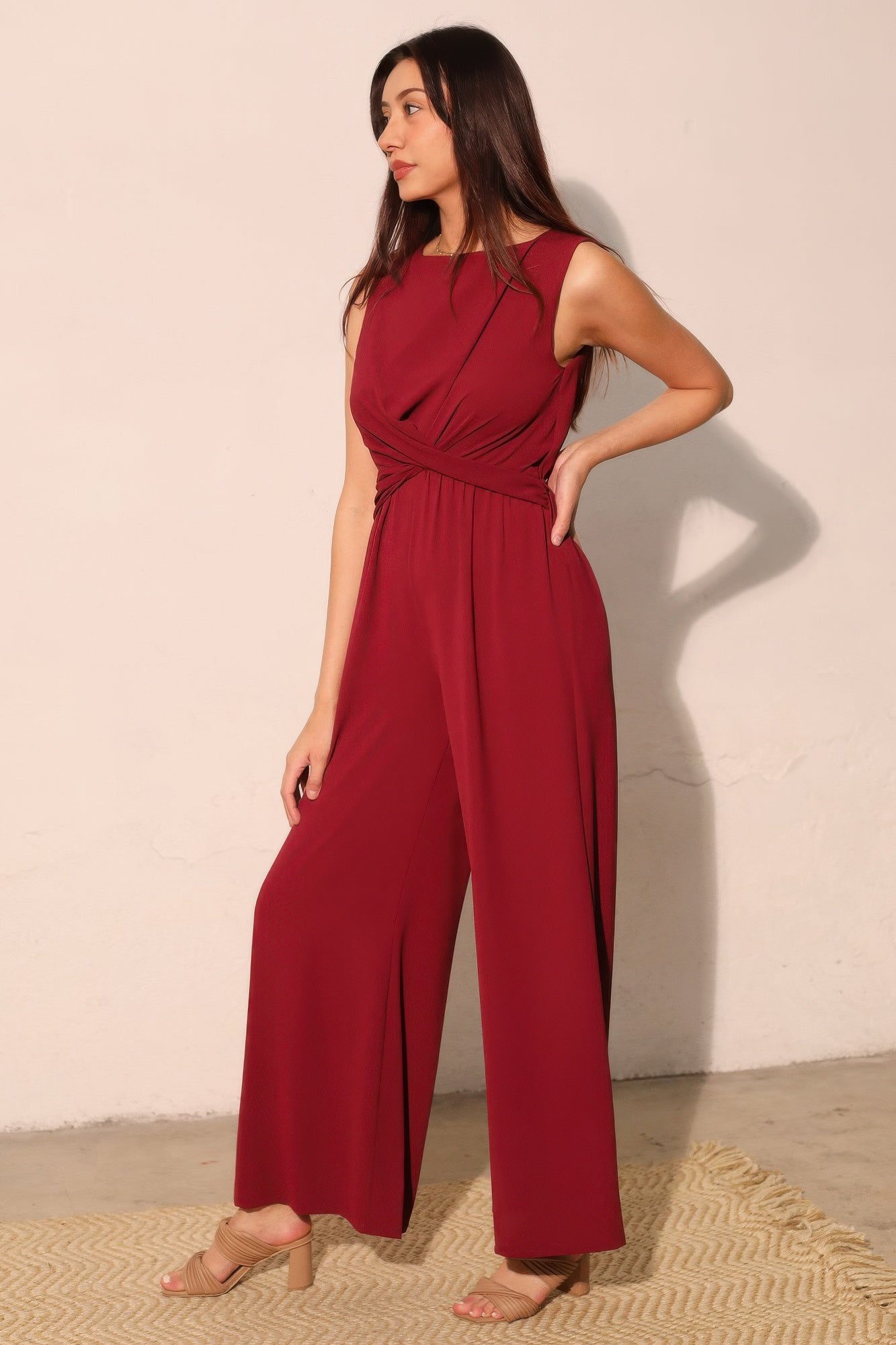 Textured Solid Twist Front Jumpsuit - All Season Fashion