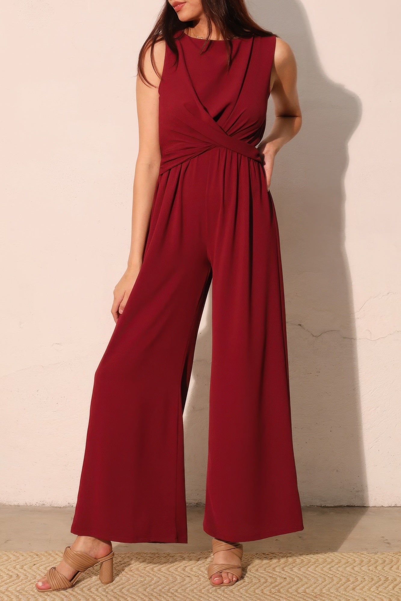 Textured Solid Twist Front Jumpsuit - All Season Fashion