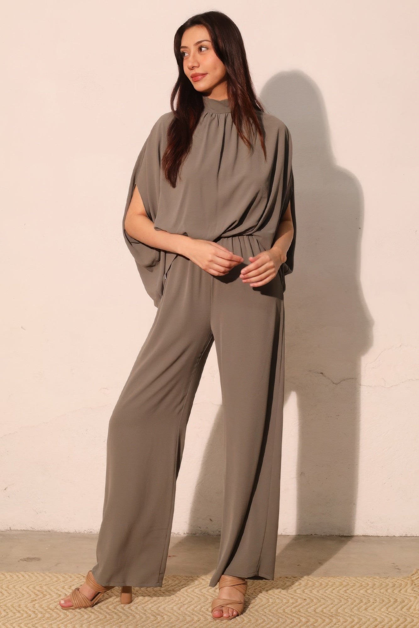 Textured Solid Mock Neck Caftan Jumpsuit - All Season Fashion