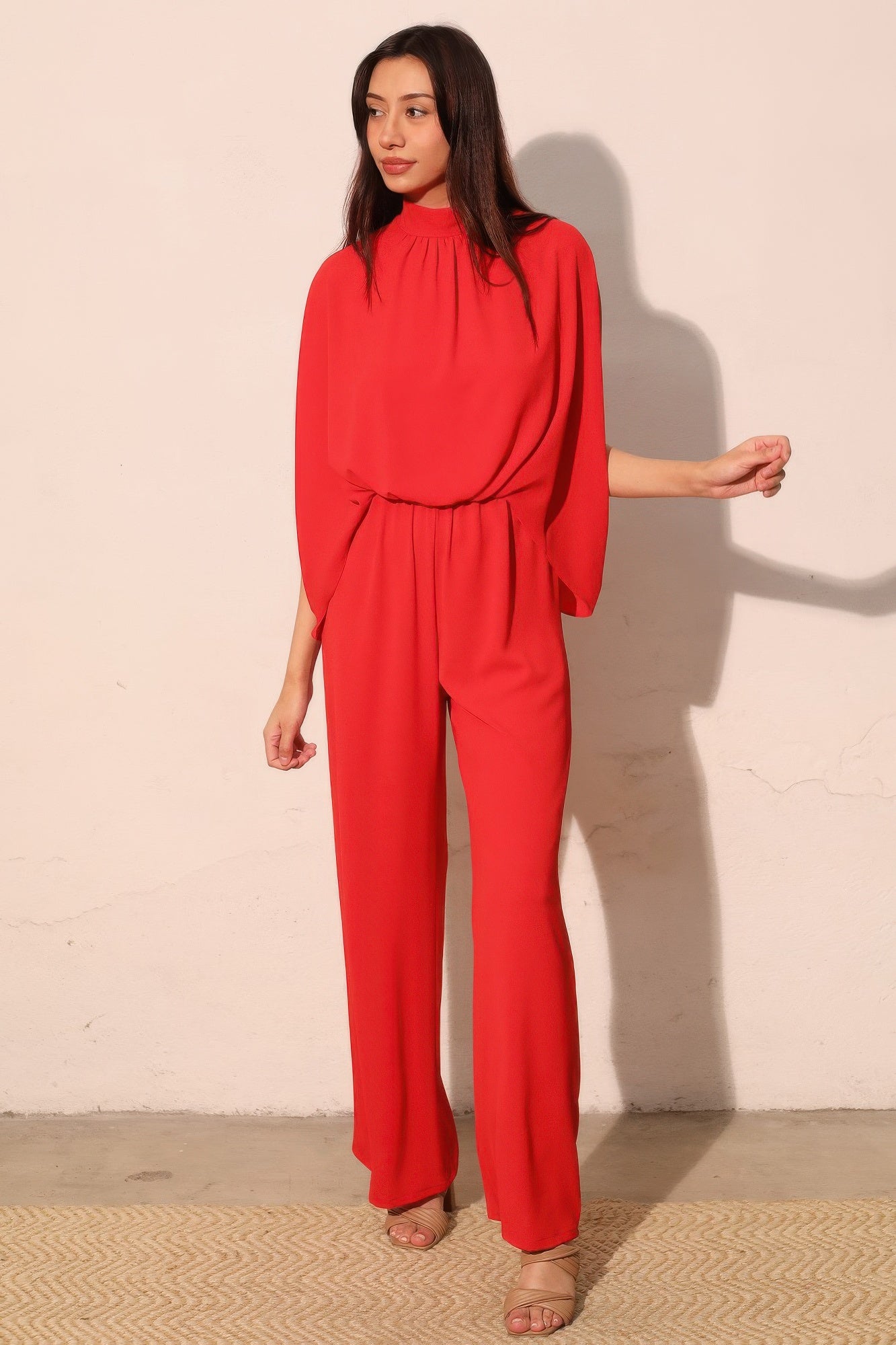 Textured Solid Mock Neck Caftan Jumpsuit - All Season Fashion