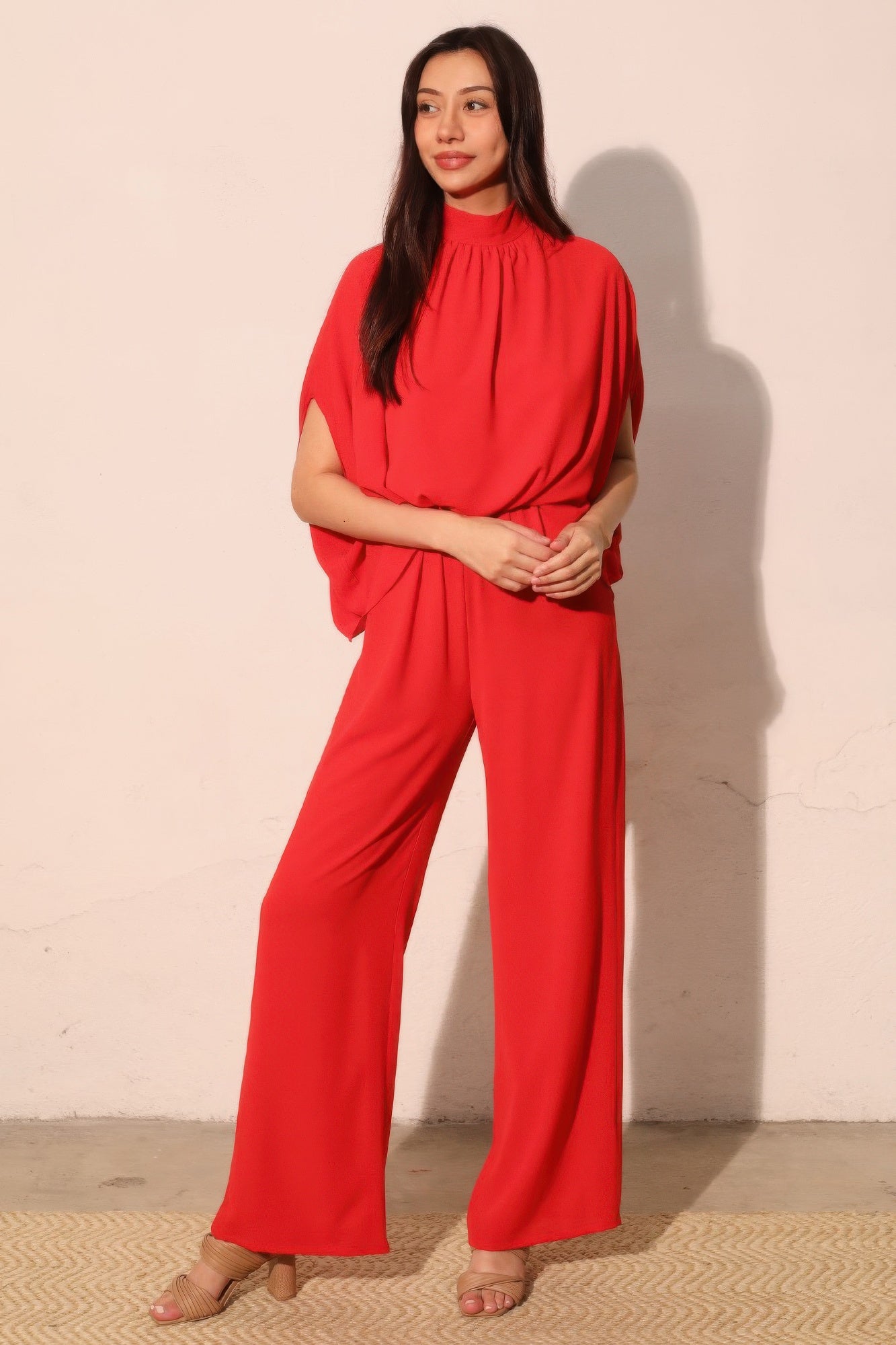 Textured Solid Mock Neck Caftan Jumpsuit - All Season Fashion