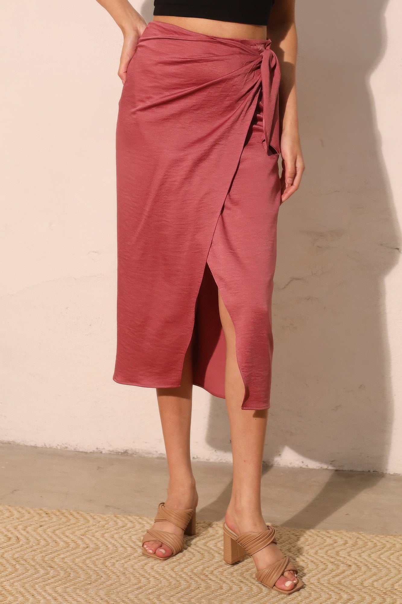 Washed Satin Crepe Side Wrap Midi Skirt - All Season Fashion