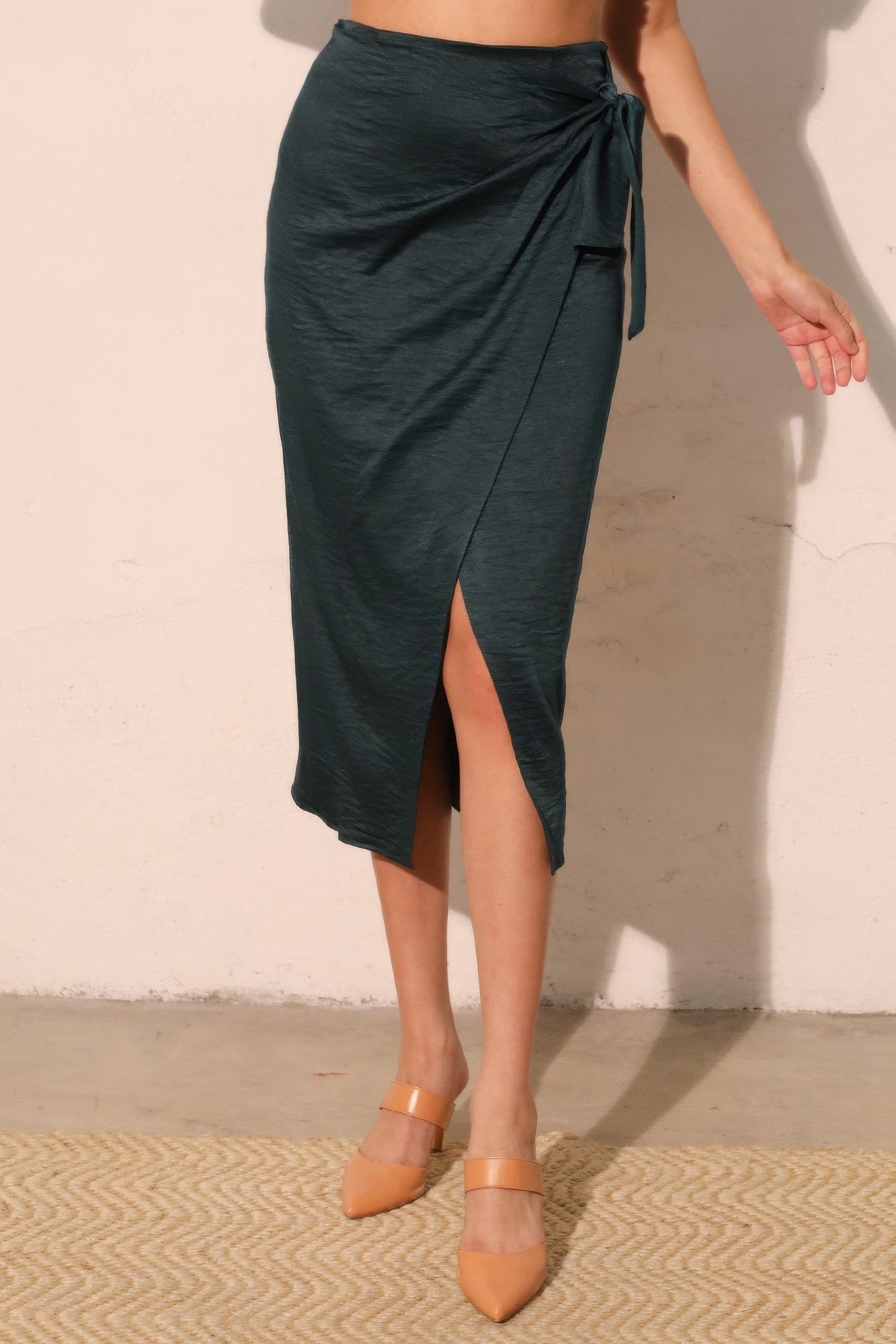 Washed Satin Crepe Side Wrap Midi Skirt - All Season Fashion