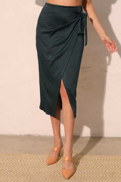 Washed Satin Crepe Side Wrap Midi Skirt - All Season Fashion