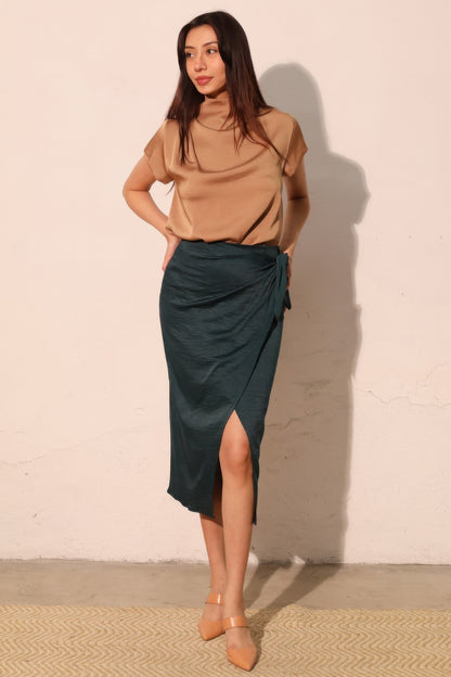 Washed Satin Crepe Side Wrap Midi Skirt - All Season Fashion