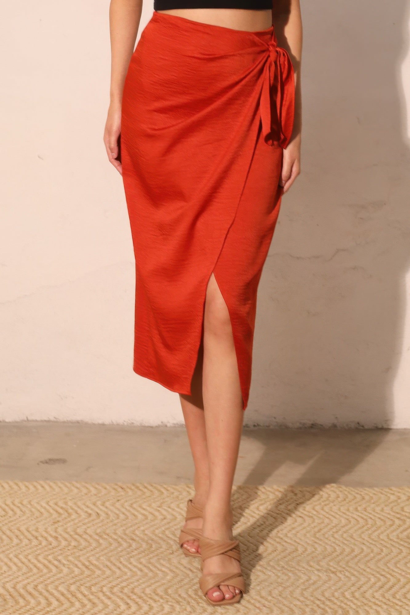 Washed Satin Crepe Side Wrap Midi Skirt - All Season Fashion
