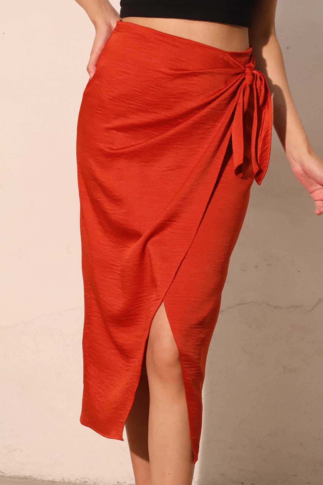 Washed Satin Crepe Side Wrap Midi Skirt - All Season Fashion