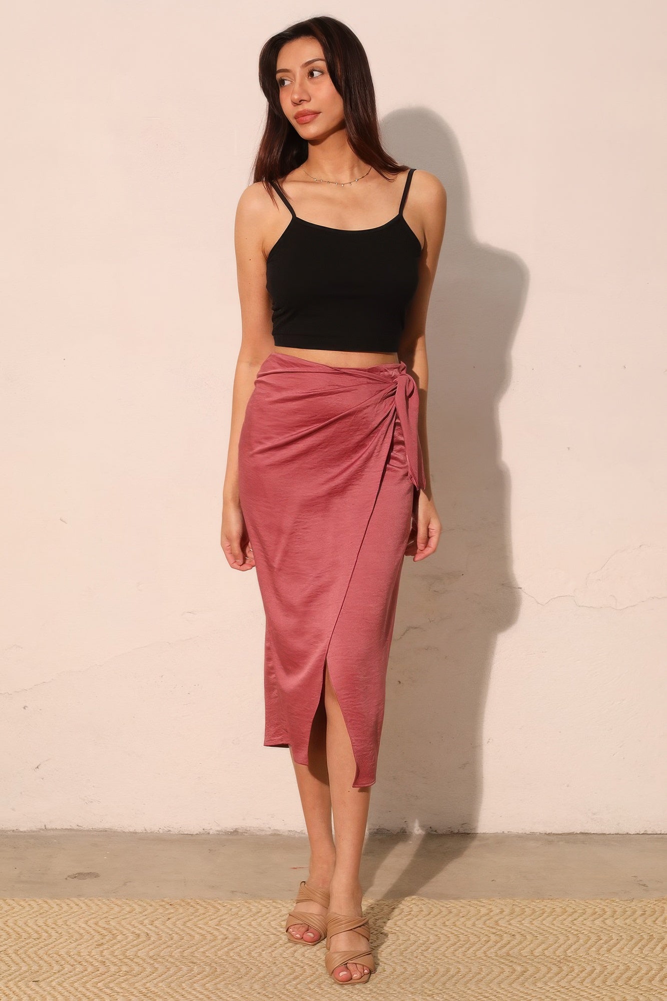 Washed Satin Crepe Side Wrap Midi Skirt - All Season Fashion
