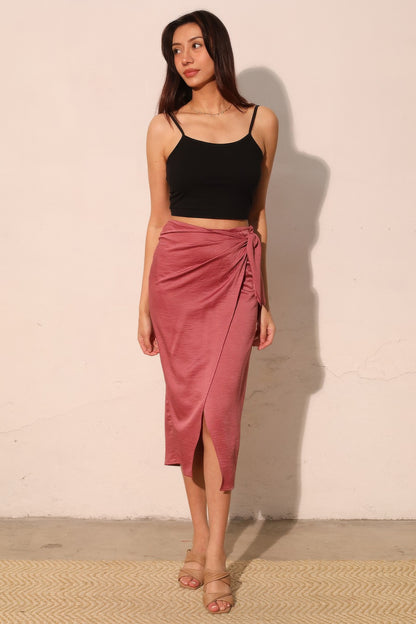 Washed Satin Crepe Side Wrap Midi Skirt - All Season Fashion