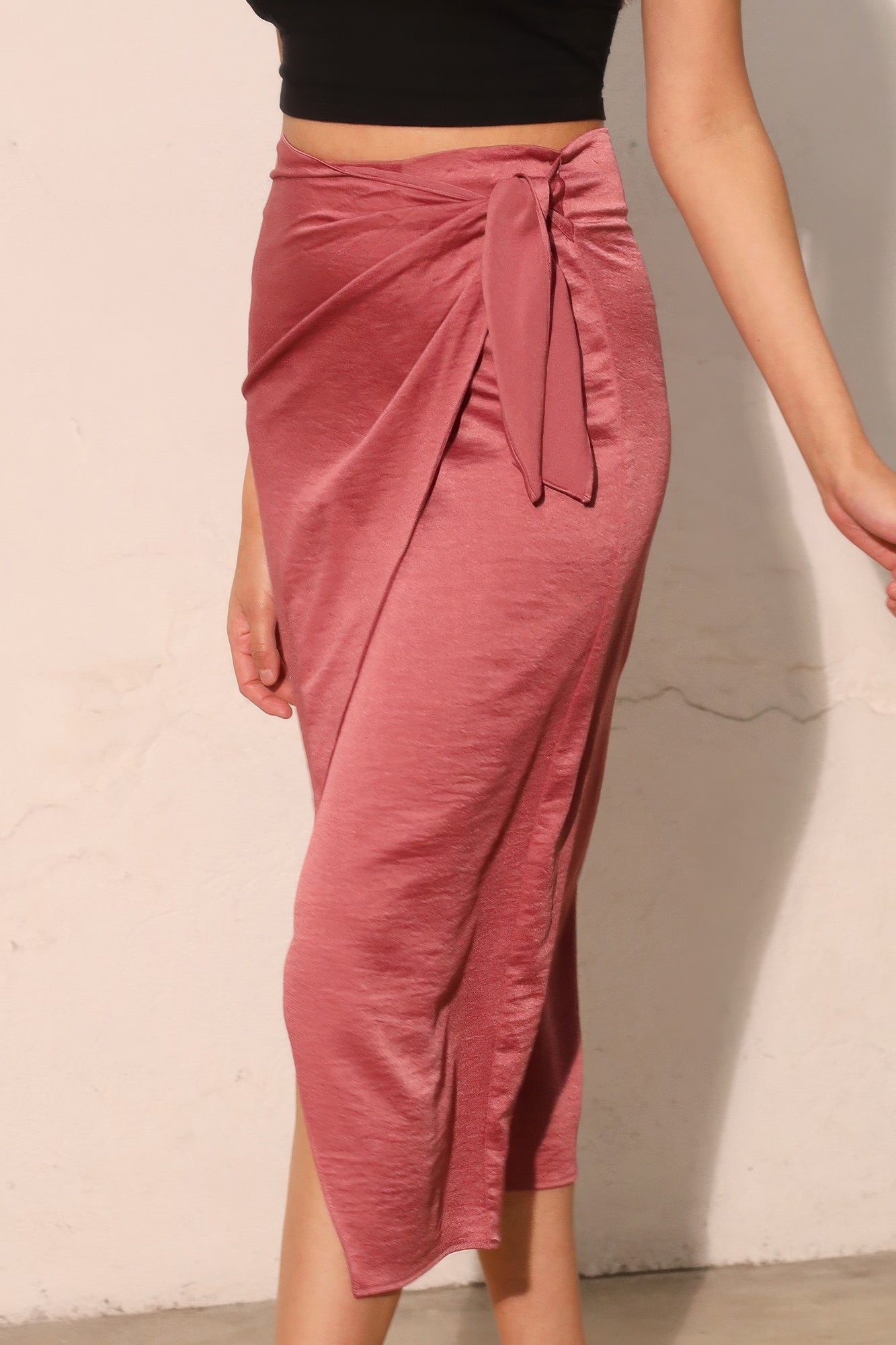 Washed Satin Crepe Side Wrap Midi Skirt - All Season Fashion