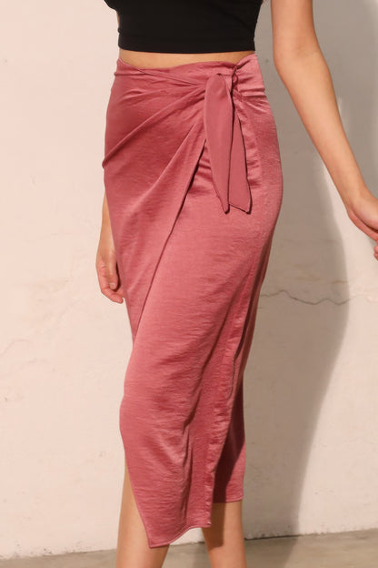 Washed Satin Crepe Side Wrap Midi Skirt - All Season Fashion