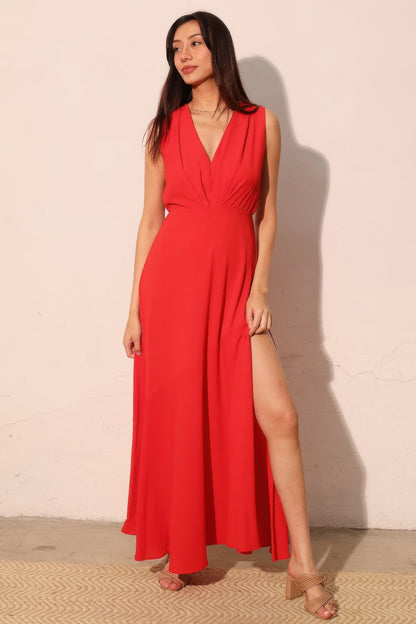 Textured Solid V-neck Maxi Dress - All Season Fashion