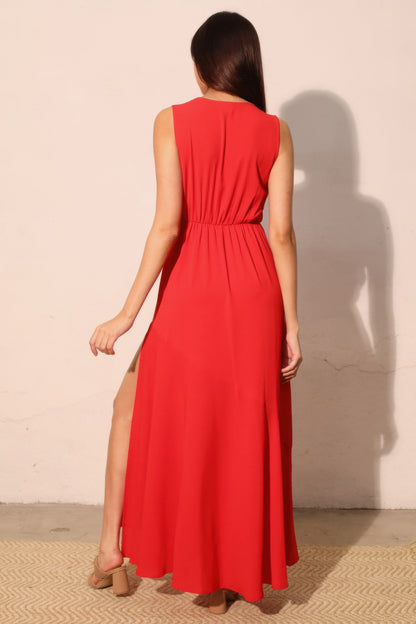 Textured Solid V-neck Maxi Dress - All Season Fashion