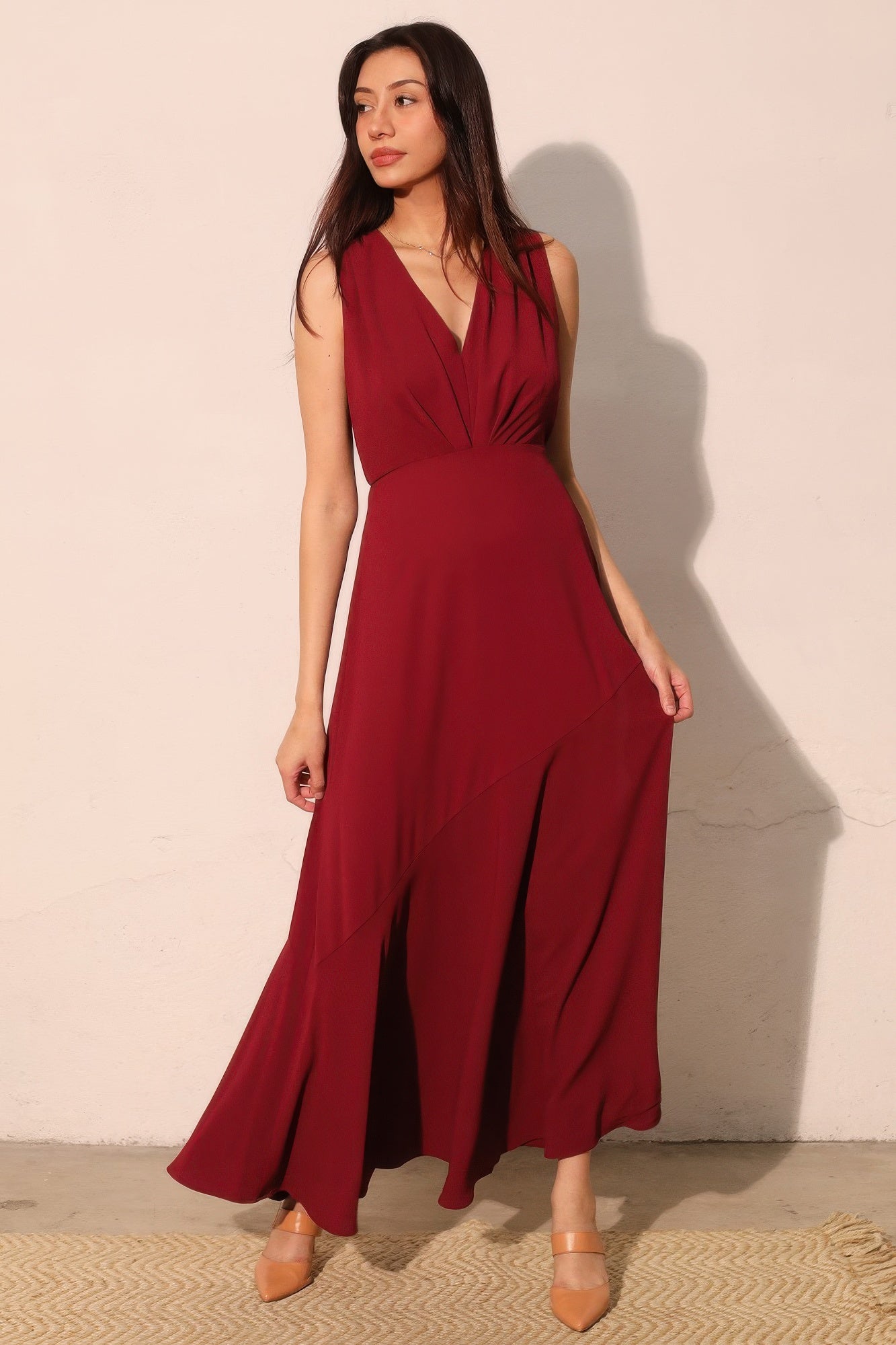 Textured Solid V-neck Maxi Dress - All Season Fashion
