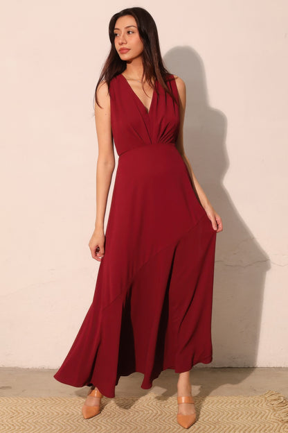 Textured Solid V-neck Maxi Dress - All Season Fashion