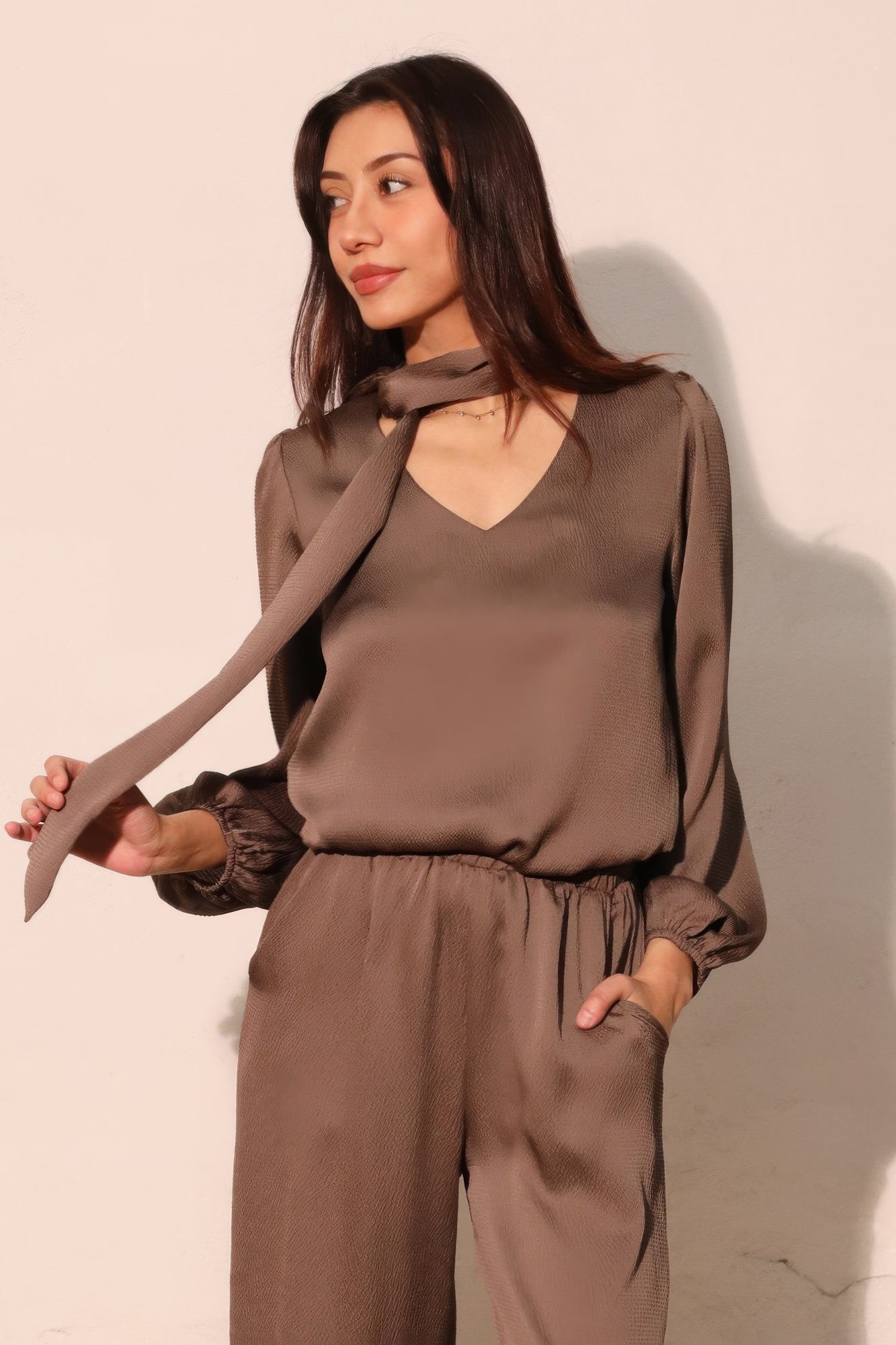 Hammered Satin Tie Neck Bubble Top - All Season Fashion
